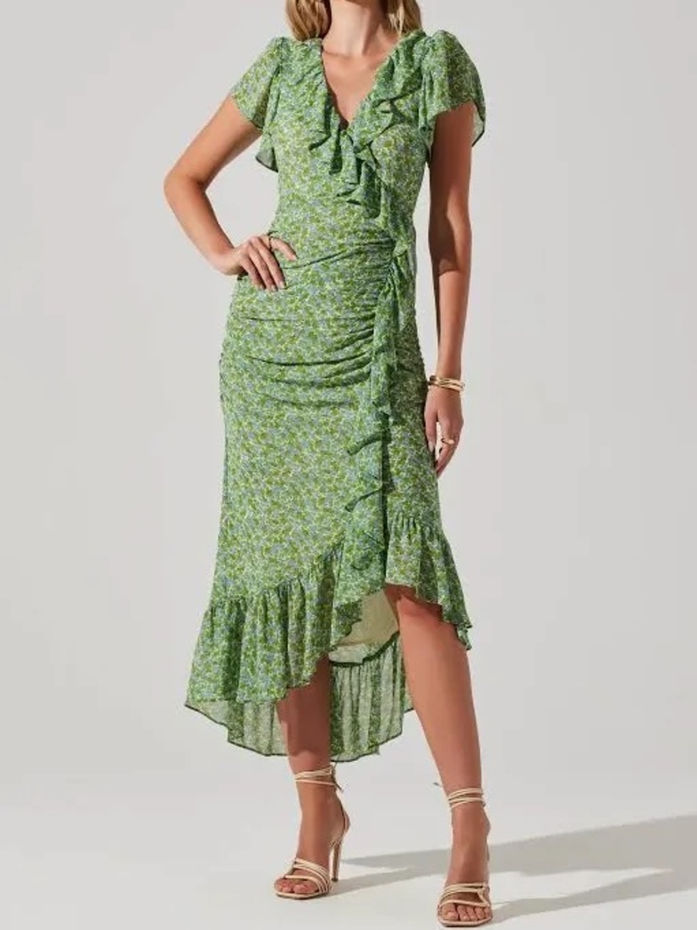 ASTR Green-Blue Daisy Floral Ruffle Midi Dress
